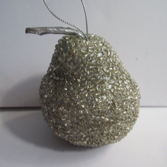 Silver Beaded Pear Christmas Fruit Holiday Tree Ornaments Decor Set of  14 - Picture 3 of 14
